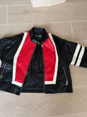 Fashion Nova Black Leather Performance Jacket with Red & White Panels